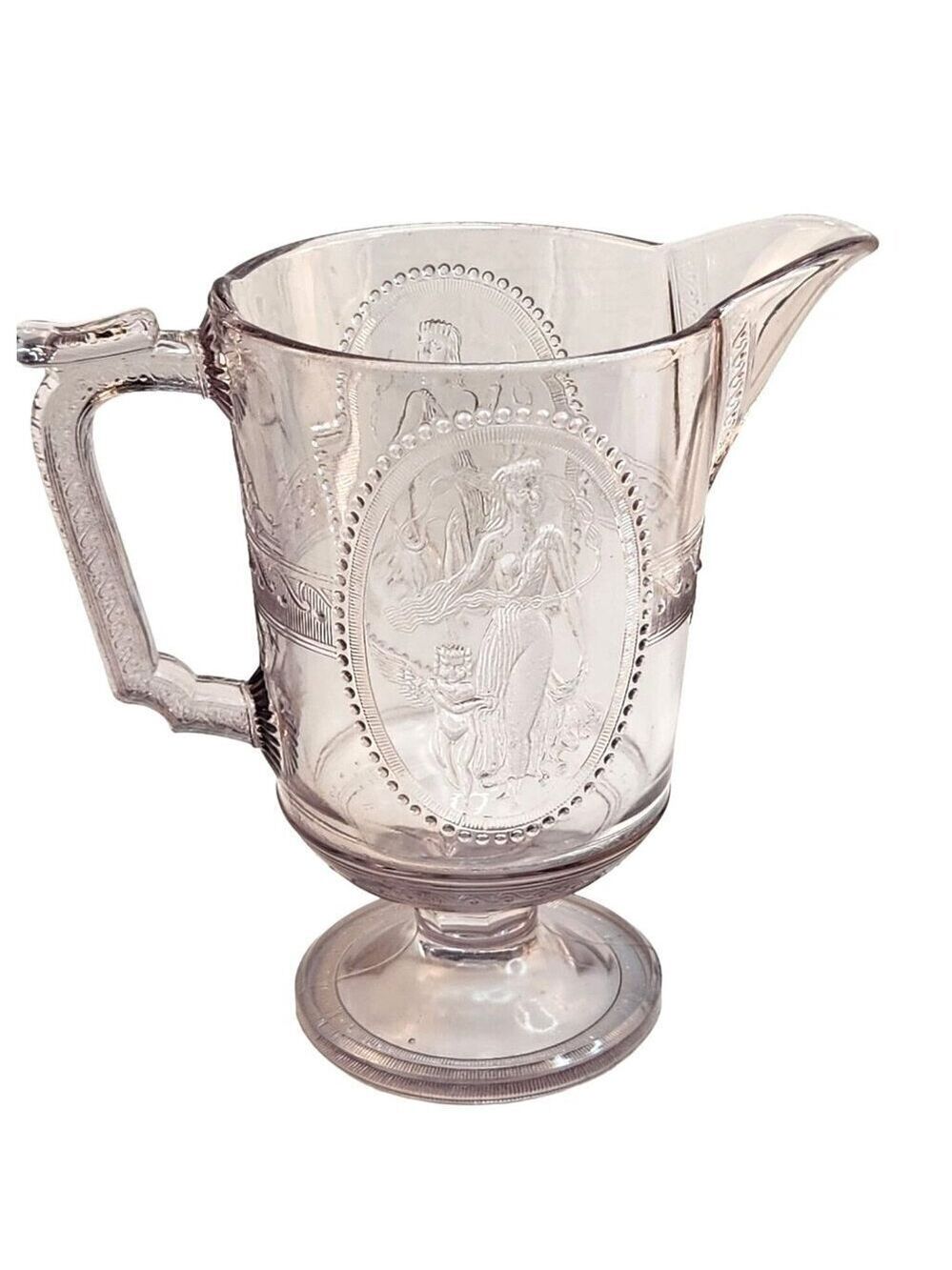 Antique Clear Glass Pitcher Victorian Style Greek Mythology Embossed